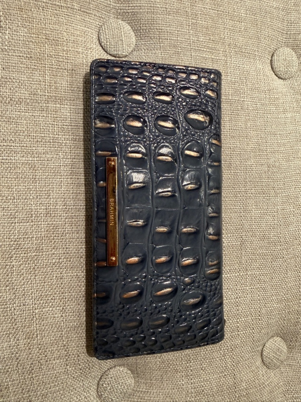 Brahmin Navy Croc-Embossed Long Wallet with Gold Hardware